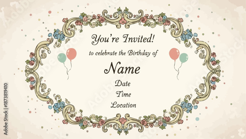 Vintage Style Birthday Invitation Card with Ornate Frame and Balloons.