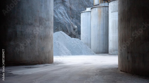 Large concrete structure with three tall cylindrical tanks on the right side. the tanks are made of concrete and appear to be old and weathered.