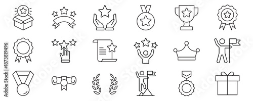 Reward set of web icons in line style. A collection of linear icons representing various reward concepts, including gift, trophy, recognition, reward program, medal, bonus, and more. Editable stroke.