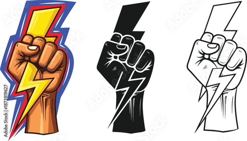 Vector set of a fist holding a lightning bolt, symbolizing strength, energy and power in color, black silhouette and outline styles.