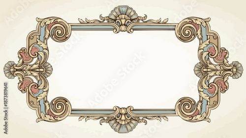 Ornate vintage decorative frame with swirling patterns and shell motifs.