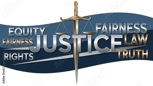 Justice scales and sword with text for law equity fairness rights and truth symbolizing legal concept