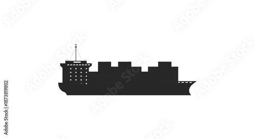 Cargo ship with containers silhouette. Delivery, shipping freight transportation. Global trade and logistic. Import, export isolated on white background.