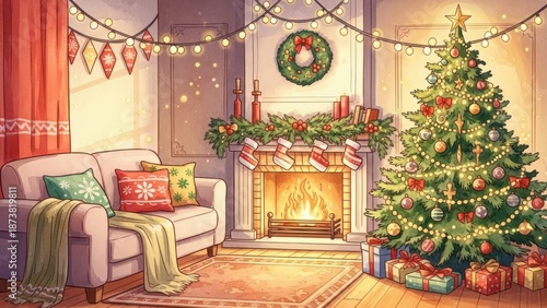 Charming Christmas living room scene featuring a decorated tree and cozy fireplace atmosphere