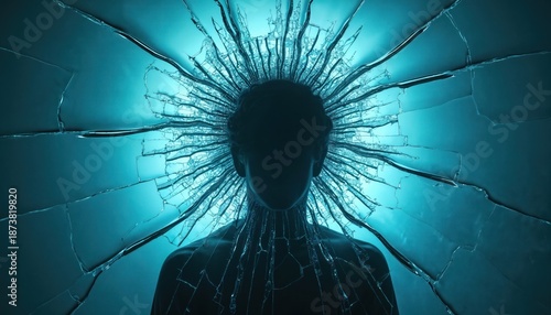Man silhouette fragmented by shattered glass. Blue light bursts outward, symbolizing mental breakdown and identity loss. Stressful feeling of being broken. © Viktor