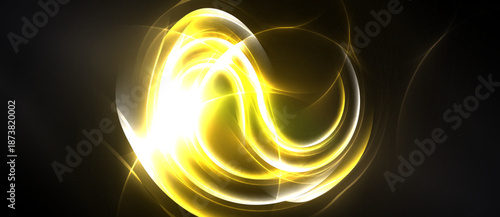 Bright golden swirls radiate from center. Abstract design evokes energy, light, motion. Dark background emphasizes luminosity.