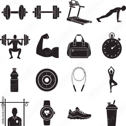 Black fitness and gym icons set on light background