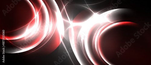 Abstract design features glowing red, white lines. Dynamic curves create energy, contrast against dark background. Modern, vibrant visual.