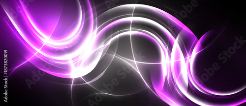 Abstract swirls, vibrant purple, white light streaks against dark background. Dynamic energy radiates from flowing forms.