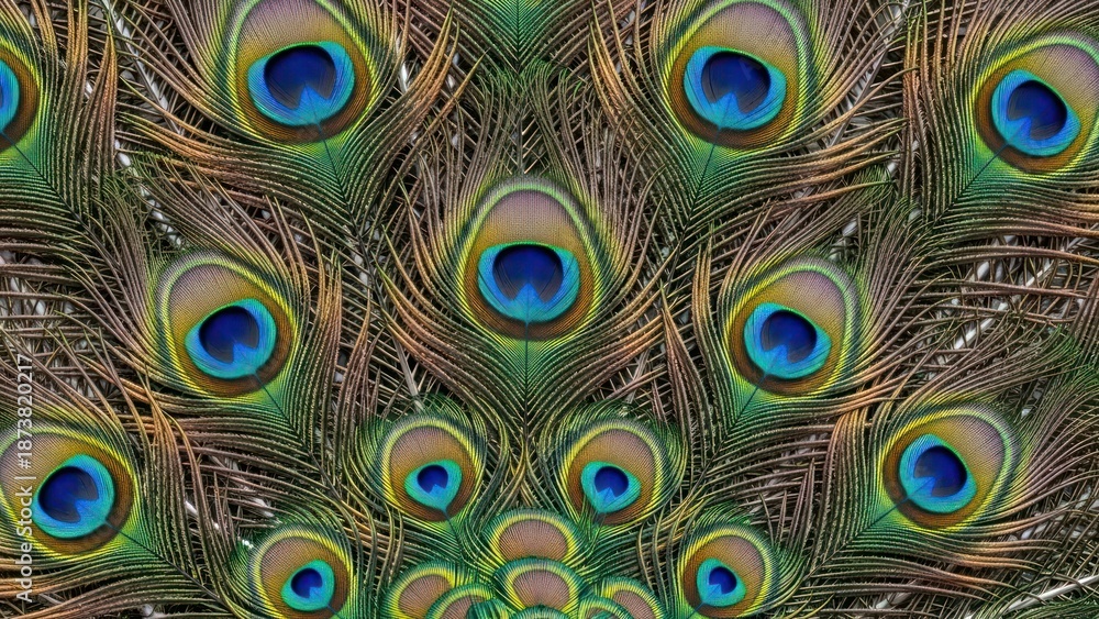 Fototapeta premium Exotic iridescence peacock feathers display vibrant colors in a captivating pattern