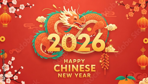 Happy Chinese New Year 2026 Celebration with Dragon and Festive Decorations