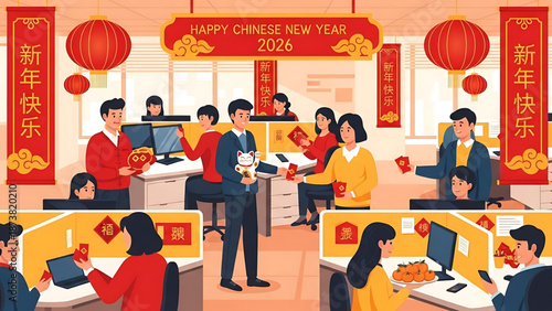 Happy Chinese New Year 2026 celebration in a modern office with colleagues exchanging red envelopes and festive decorations creating a joyful atmosphere