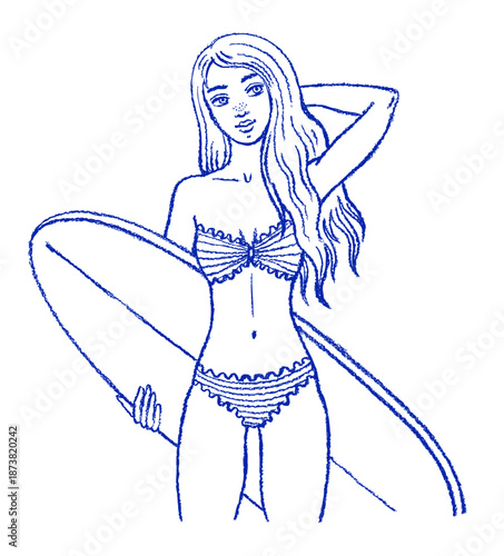 Surfer woman sketch. Surf beach girl with surfboard. Summer Mediterranean sea illustration. Vector Surfer woman in swimwear holding surf board. Bali Italy Mediterranean sea. Female surfing travel png