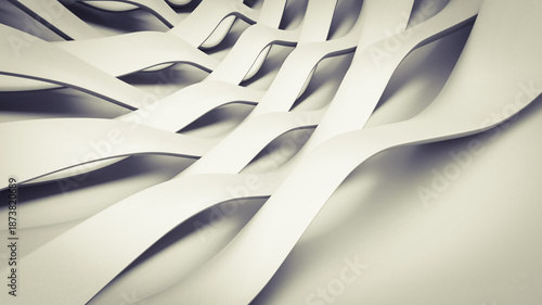 Abstract white 3D background with flowing intertwined ribbons and soft shadows creating a modern architectural texture