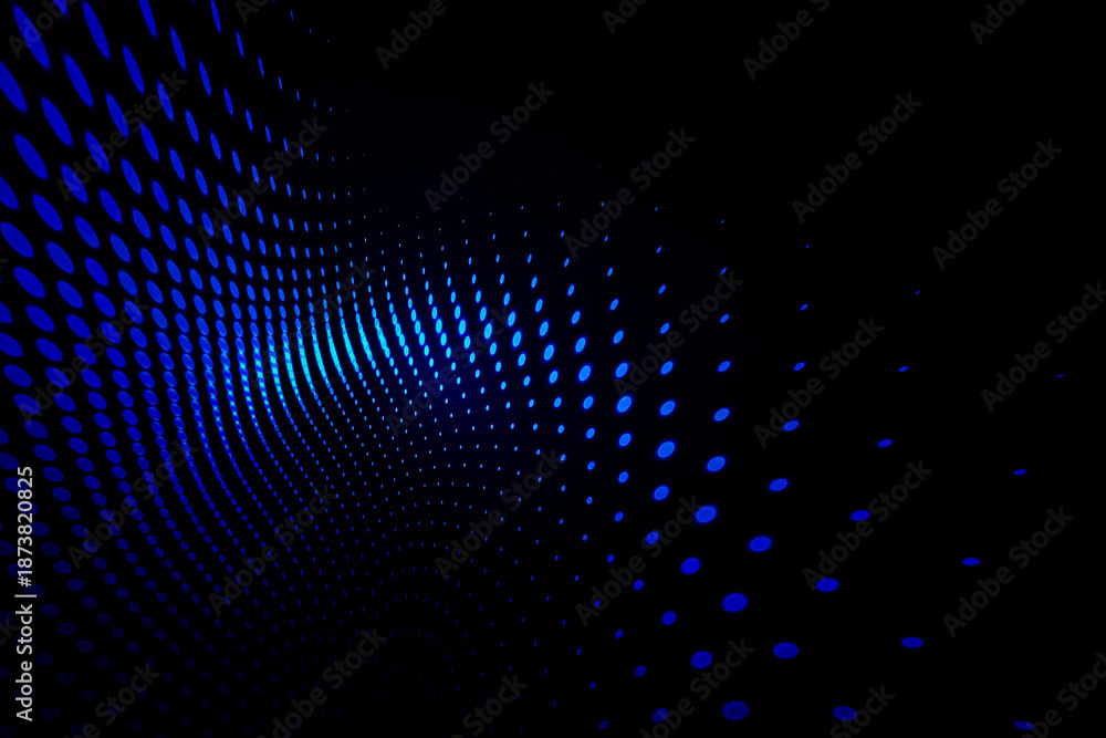 Obraz premium Digital illustration of a blue glowing dot wave on a dark technology background with dynamic perspective