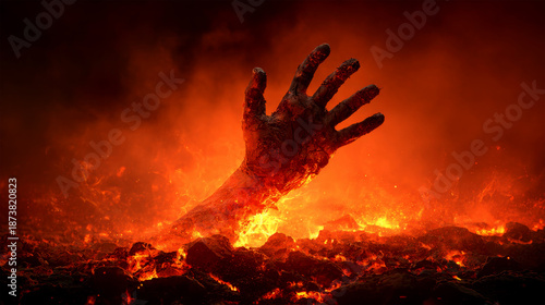 Fiery Hand Rising from Flames Symbolizing Power and Destruction