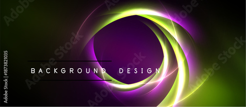 Abstract design features vibrant neon circles, gradients. Dark background enhances luminosity, creating modern visual impact.