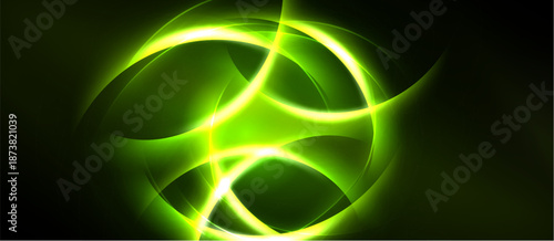 Bright green energy flows, swirling shapes create dynamic abstract design. Dark background emphasizes luminous curves, lines.