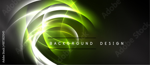 Abstract swirling lights create dynamic background. Green, white hues blend, forming elegant circular patterns. Dark space surrounds bright energy.