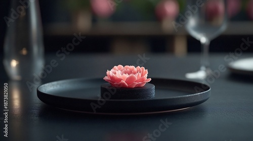 Minimalist Floral Dessert on Black Plate in Fine Dining Setting