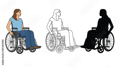 A woman in different styles of illustration sitting in a wheelchair