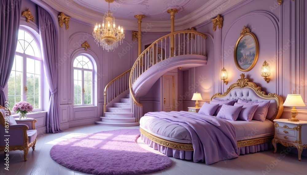 Naklejka premium Lavish purple bedroom features ornate gold bed and spiral staircase. Plush rug and large arched windows create dreamy, regal atmosphere. Luxury interior.