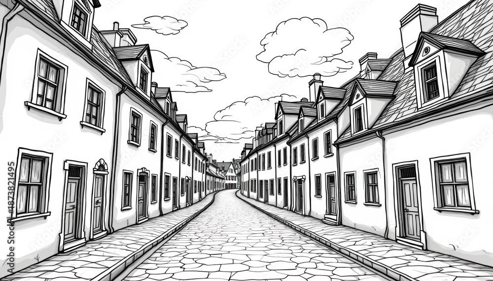 Fototapeta premium Black and white illustration of european street with houses and cobblestone road. Building facades with windows and doors on white background. Sky with clouds.
