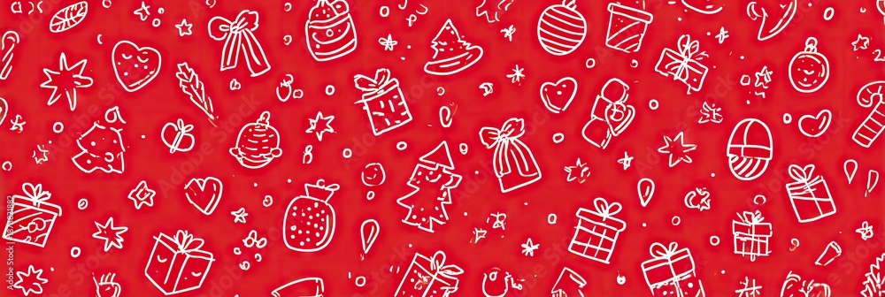 Naklejka premium Christmas festive background with gifts ornaments and design elements in red