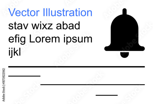 Notification reminders, app alerts, user interaction, interfaces, graphic design, minimal visuals. A black bell icon with placeholder text and blank lines. Notification reminders and app alerts