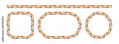 Mexican triangular pattern circle and rectangle frames set. African ethnic motif border. Aztec ornament frame. Mexican ornament. text frame. Vector illustration isolated on white background.