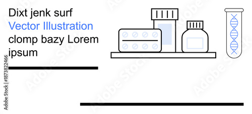 Medical research, pharmacology, healthcare, laboratory tools, DNA analysis, medication storage. Pills, bottles and DNA tube on a shelf. Medical research and pharmacology tools concept