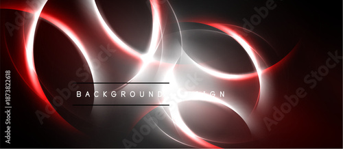 Abstract design features glowing red, white lines against dark backdrop. Dynamic curves create modern visual impact. Background text present.