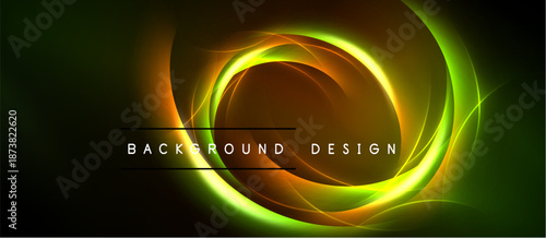 Abstract design features glowing circular shapes. Green, orange hues dominate dark background. Text reads background design.