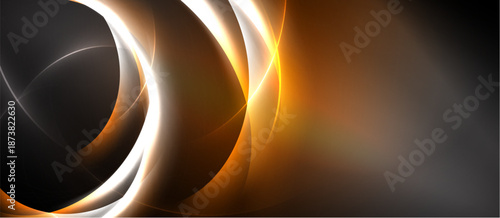 Abstract design features flowing orange, white lines against dark background. Dynamic curves create modern visual impact.