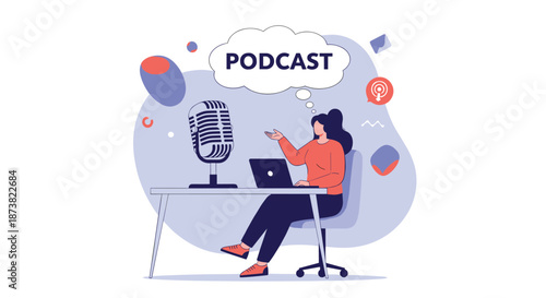 Modern flat illustration of a woman hosting a podcast, sitting at a desk with a laptop and professional microphone.