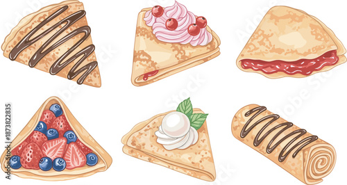 Delicious Set of Sweet Crepes and Pancakes with Chocolate Syrup Fresh Berries Jam and Whipped Cream Illustrations Isolated on White Background for Dessert Menu