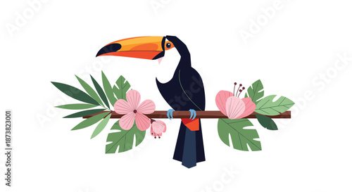 Cute cartoon toucan bird perched on a tropical branch adorned with beautiful pink flowers and lush green leaves design.