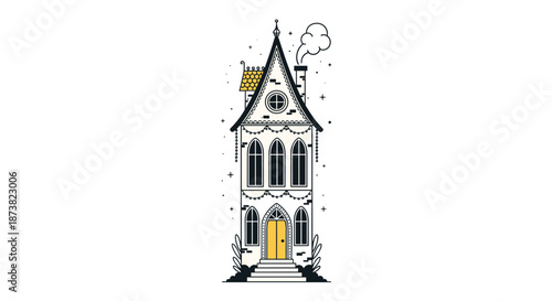 Whimsical and elegant line art illustration of a tall, narrow gothic-style house decorated with festive garlands.
