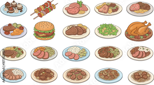 Large Set of Hand Drawn Food Illustrations Including Burger Steak Roast Chicken Pasta Kebabs and Desserts Isolated on White Background for Restaurant Menu Design