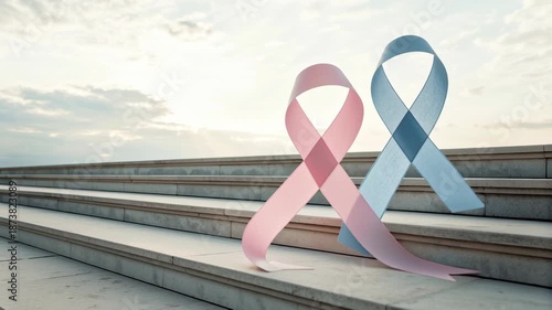 Pink and Blue Ribbons Symbolizing Women Health Awareness and Support in Abstract Design on Steps for Serene Outdoor Awareness