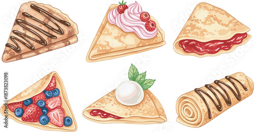 Delicious Set of Sweet Crepes and Pancakes with Chocolate Syrup Fresh Berries Jam and Whipped Cream Illustrations Isolated on White Background for Dessert Menu