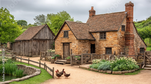 English farmyard with chickens geese and a barn