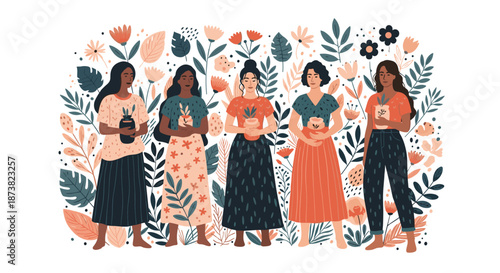 Beautiful illustration of a diverse group of women holding potted plants, standing together against a floral background.