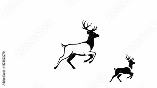 Two Deer Silhouettes Running White Background.