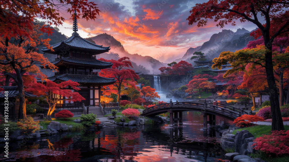 Obraz premium Traditional Japanese pagoda temple pond bridge autumn foliage waterfall vibrant sunset glo
