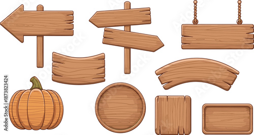 Set of Rustic Wooden Signage Illustrations Including Directional Arrows Hanging Boards and a Textured Pumpkin Isolated on White Background for Autumn Harvest Decor