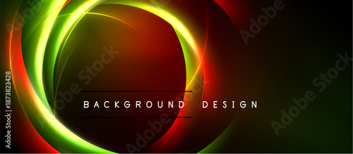 Abstract design features vibrant concentric circles. Colors blend from green, orange, red into dark background. Text reads background design.