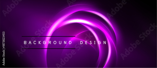 Abstract purple neon swirls dominate dark background. Text reads background design. Minimalist, modern aesthetic. Vibrant, glowing lines create dynamic visual.