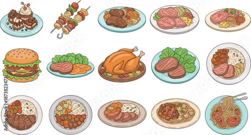 Large Set of Hand Drawn Food Illustrations Including Burger Steak Roast Chicken Pasta Kebabs and Desserts Isolated on White Background for Restaurant Menu Design