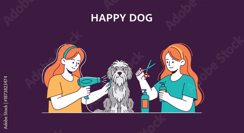 "Happy Dog" illustration showing two female groomers pampering a cute fluffy dog in a professional pet grooming salon.